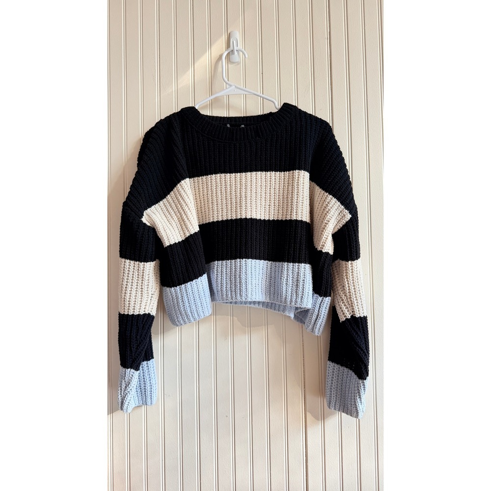 Striped Chunky Knit Cropped Sweater Black Cream Blue